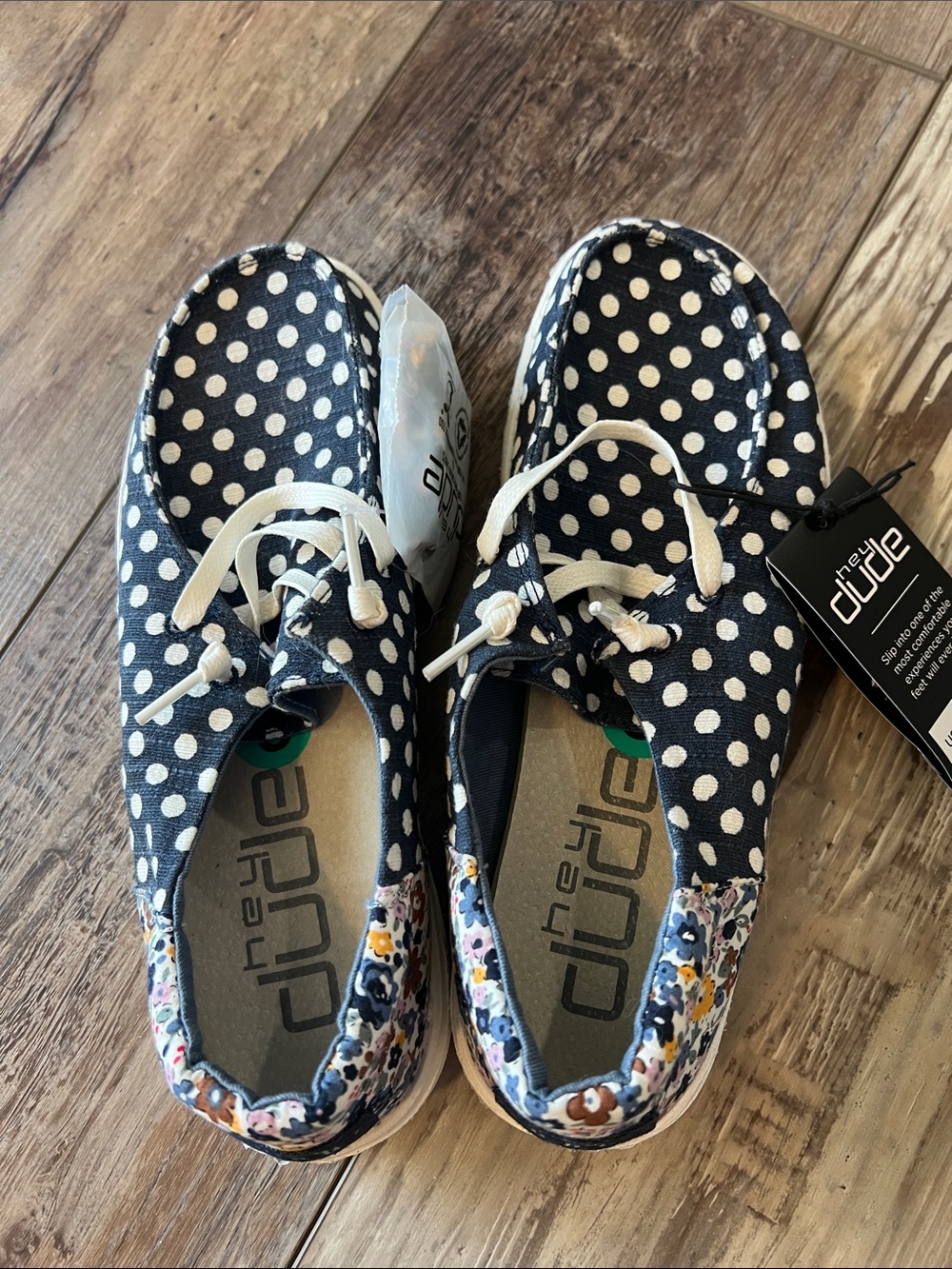 Hey Dude Navy Polka Dot Womens Slip-On Sneakers with Floral Trim - Picture 4 of 4
